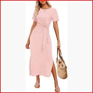 Summer Short Sleeve Bodycon Midi Dress Wrap Tie Waist Casual Crewneck